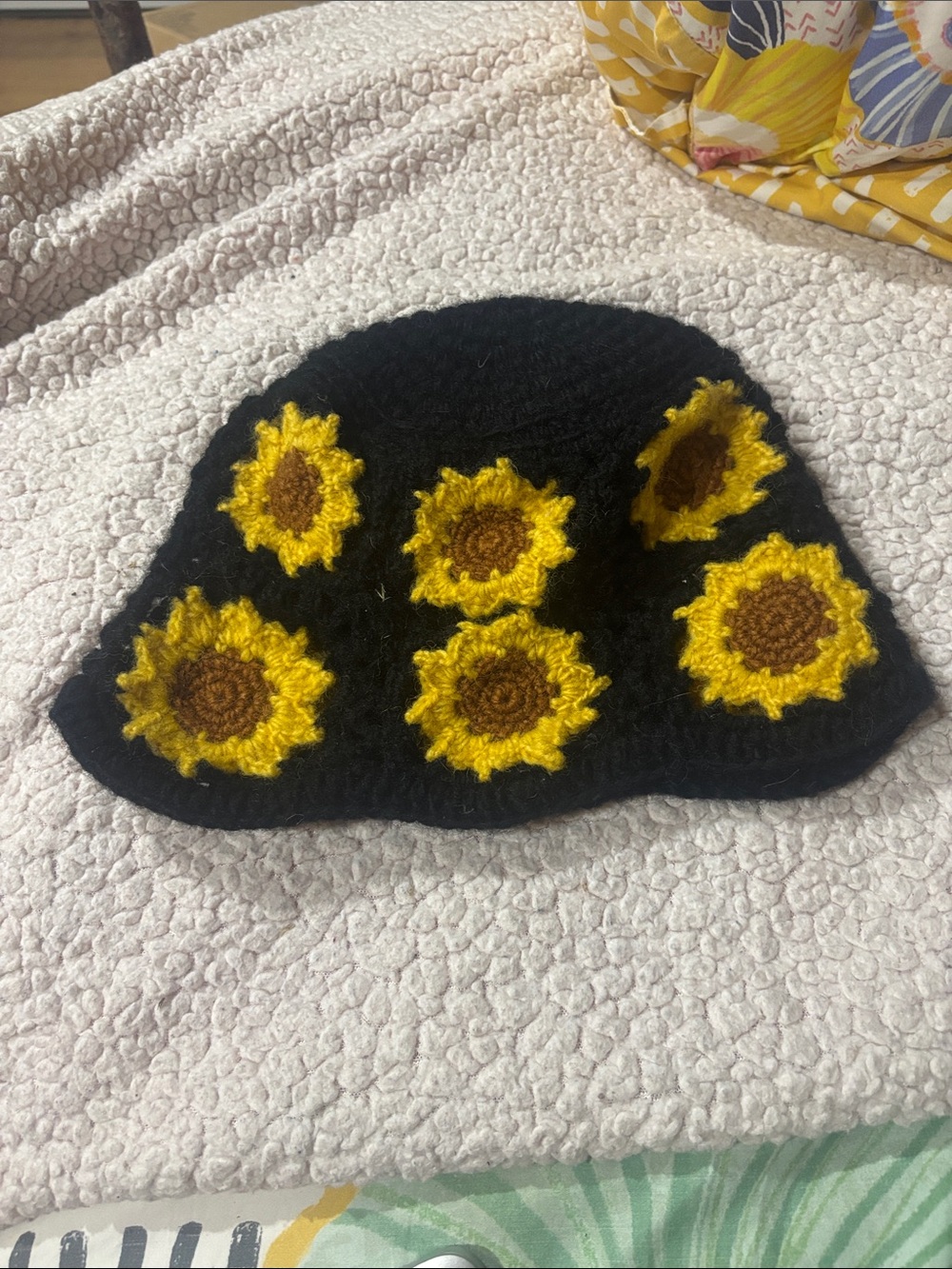 Vintage Black Crochet Bucket Hat Beanie with Yellow Sunflower